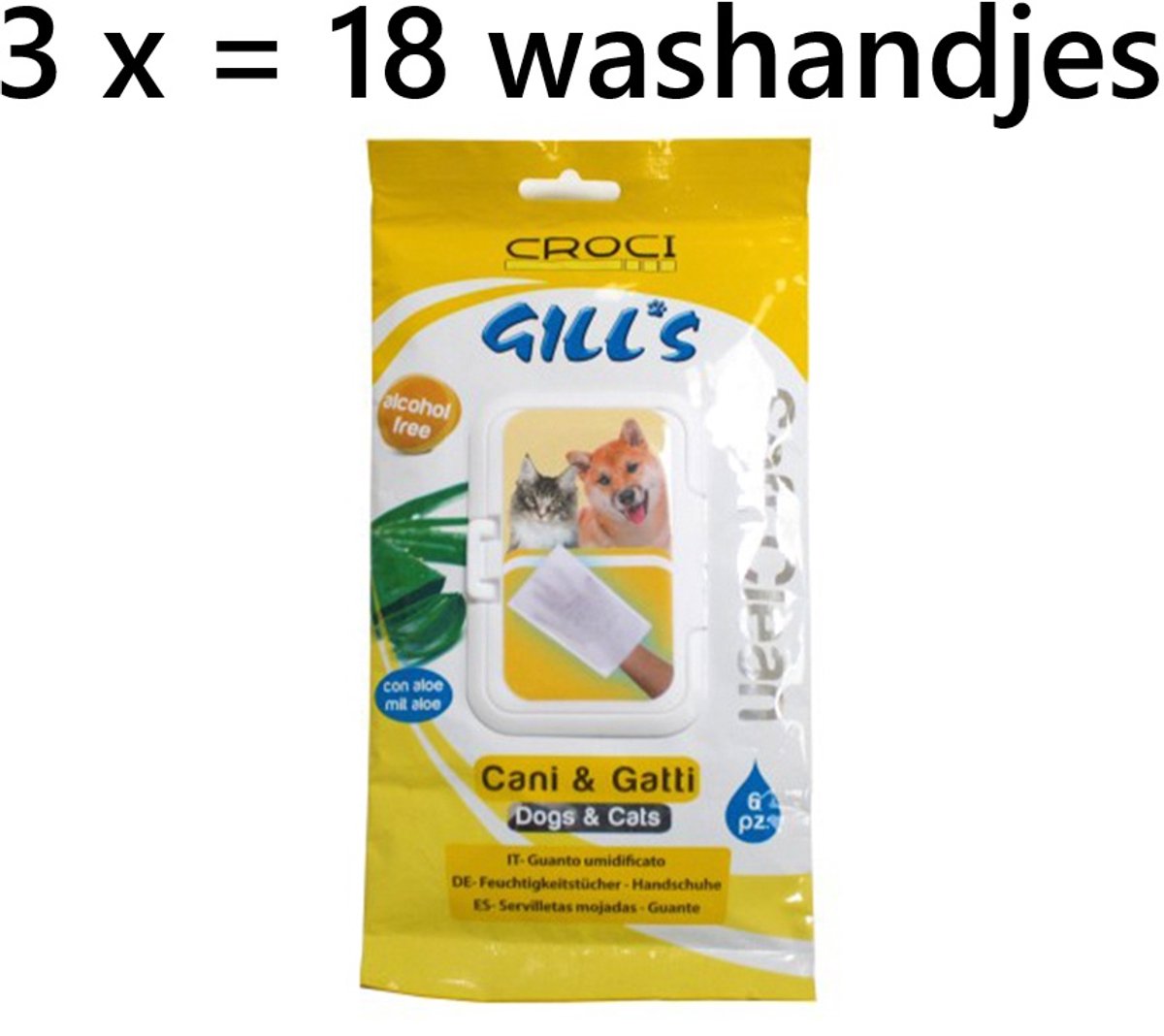 Croci - washandje voor honden en katten- 3 x 6 st = 18 st - soft clean - Gill's - met Aloe vera 6 st ** 3 X ** = 18 stuks - alcohol vrij ook voor delicate plaatsen
