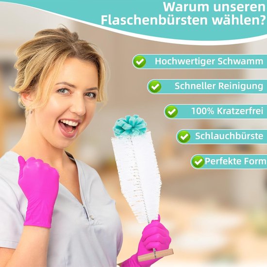 Flessenborstel Set voor Glazen en Kunststof Flessen - 3 Stuks, 32 cm Reinigingsborstel met Zachte Spons voor Baby- en Drinkflessen — afbeelding 3