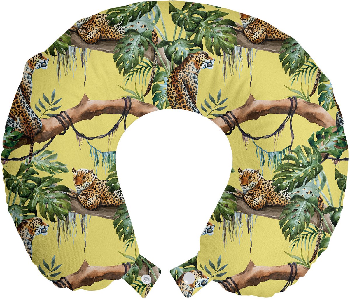 ABAKUHAUS Aquarel Reiskussen met Neksteun, Luipaarden in de Jungle, Schuimrubber Reisaccessoire voor Vliegtuig en Auto, 30x30 cm, Geelgroen Lichtgeel