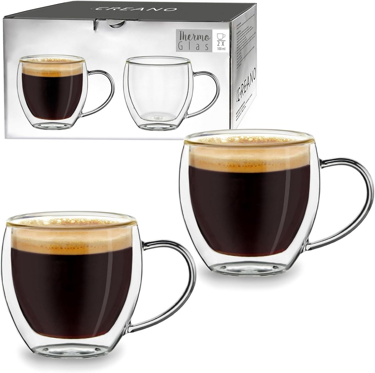 Dubbelwandig Espresso Glas met Handvat - Thermisch Glas - 2 x 100 ml
