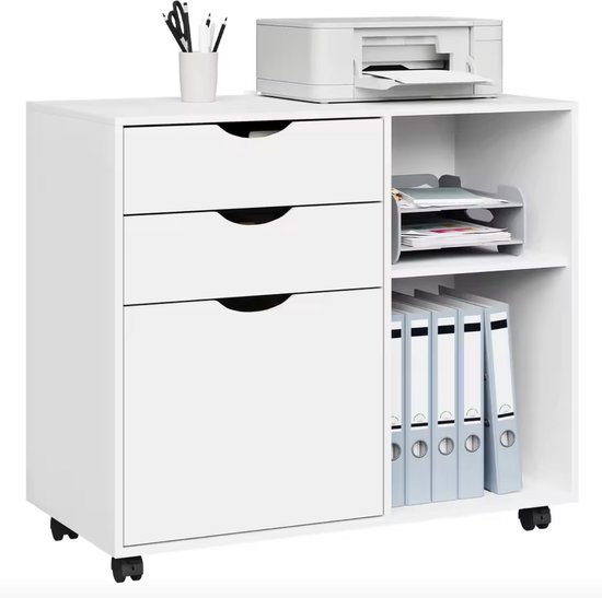 J&R Kast - Kastje - Kantoorkastje - Archiefkast - Printer kast - Kantoor - Verrijdbaar - Op wielen - 3 lades - Laden - Wit