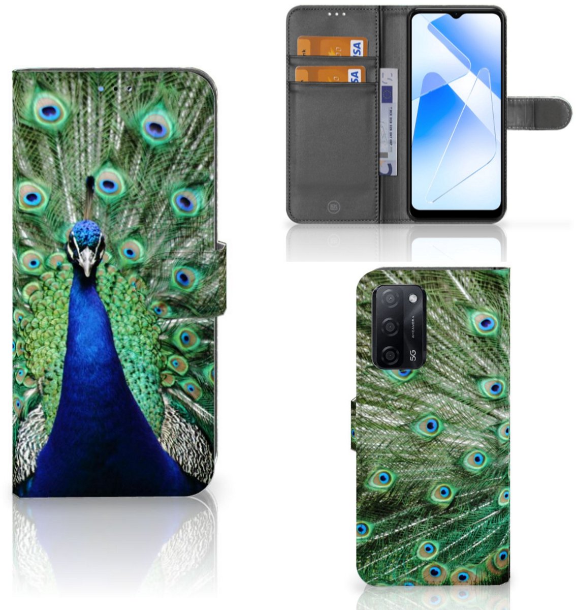 OPPO A16/A16s/A54s Telefoonhoesje met Pasjes Pauw