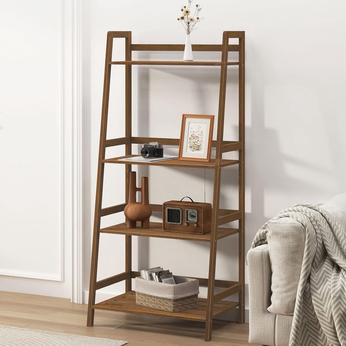 Multifunctionele Bamboe Ladderplank met 4 Niveaus - Opbergrek, Boekenplank en Plantenstandaard in Bruin