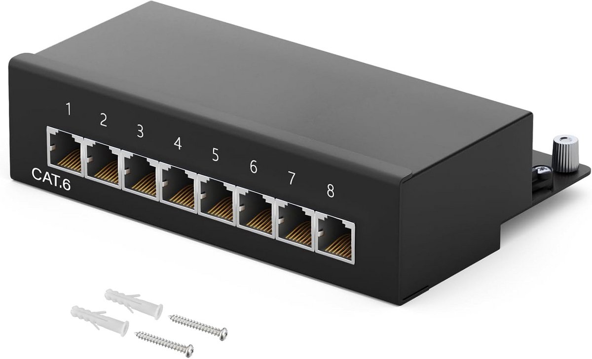 8-Port Cat 6 LSA Patchpaneel - Afschemed, Zwart, Wand- en Desktopmontage, Professioneel Netwerk