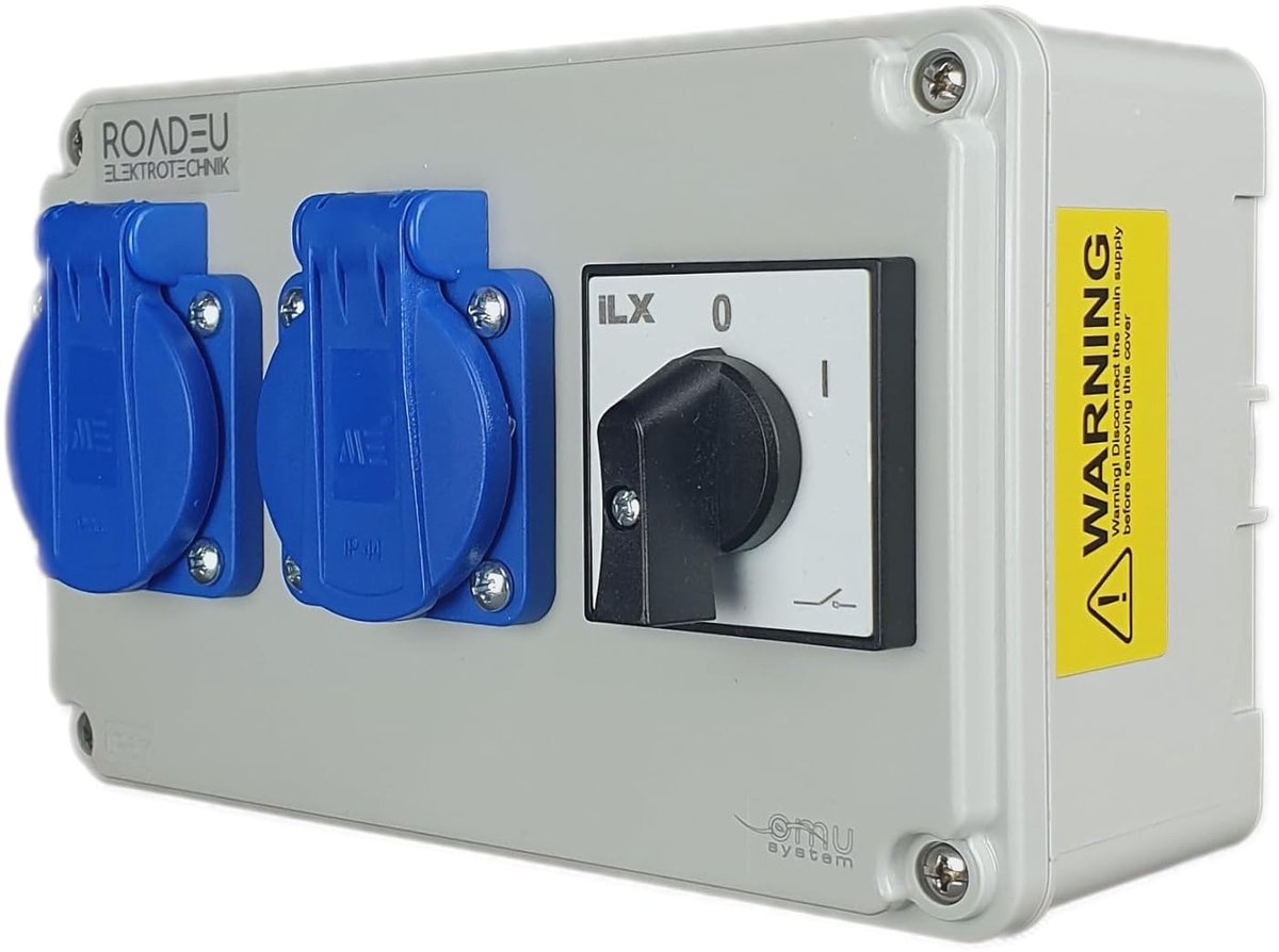 Stroomverdeler met Hoofdschakelaar - 2x 230V Schuko Contactdoos - IP44 Veilig en Betrouwbaar voor Werkplaats en Garage