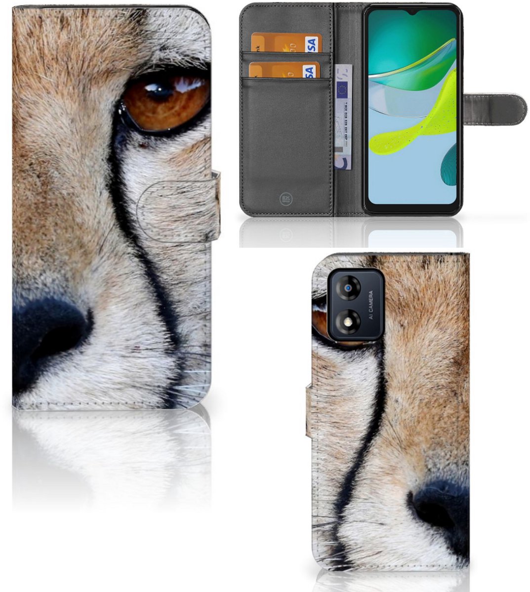 Motorola Moto E13 4G Telefoonhoesje met Pasjes Cheetah
