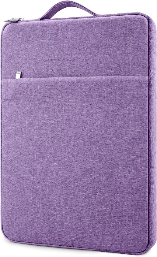 Housse violette fermée pour ordinateur portable avec poche avant et poignée.