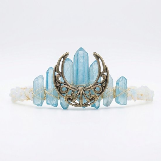 Tiara en cristal bleu clair avec pendentif lune de couleur or – diadème pour dames – bandeau fantasy avec look de pierre précieuse et motif de lune – convient aux festivals, mariages et séances photo