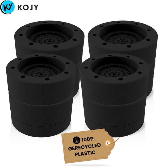 Vier zwarte KOJY wasmachinevoetjes met een bruin label: 100% GEREÇYCLED PLASTIC.