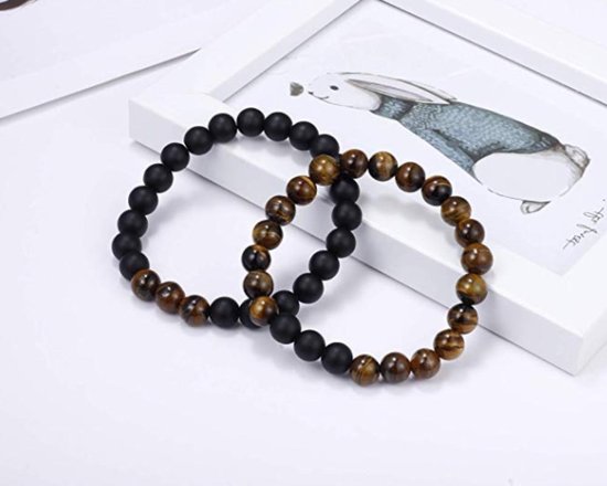 AWEMOZ® Natuursteen Armbanden - Contrast Kralen Armbandjes - Zwart/Bruin