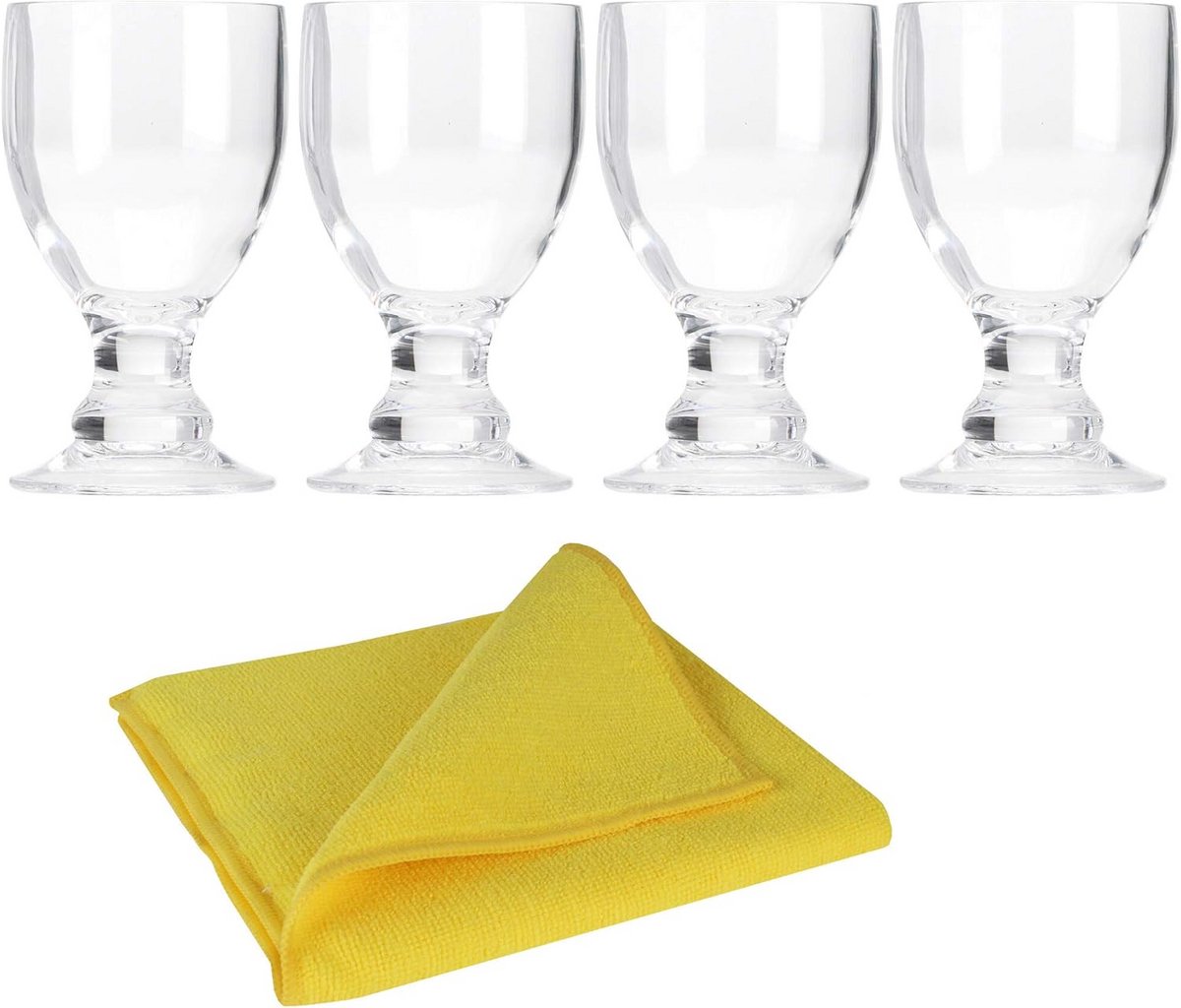 4-delige Set Acryl Drinkglazen (410 ml) - Onbreekbare Kunststof Glazen voor Buiten, Camping en Feest + 4 Gele Microvezeldoeken