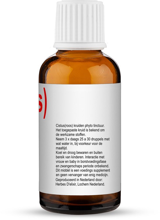 Achterkant flesje Cistus(roos) kruiden phyto tinctuur met gebruiksaanwijzing.