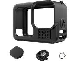 YONO Siliconen Bescherming Set geschikt voor GoPro Hero 13 12 11 10 9 - Case Hoesje - Lens Kapje - Koord - Zwart