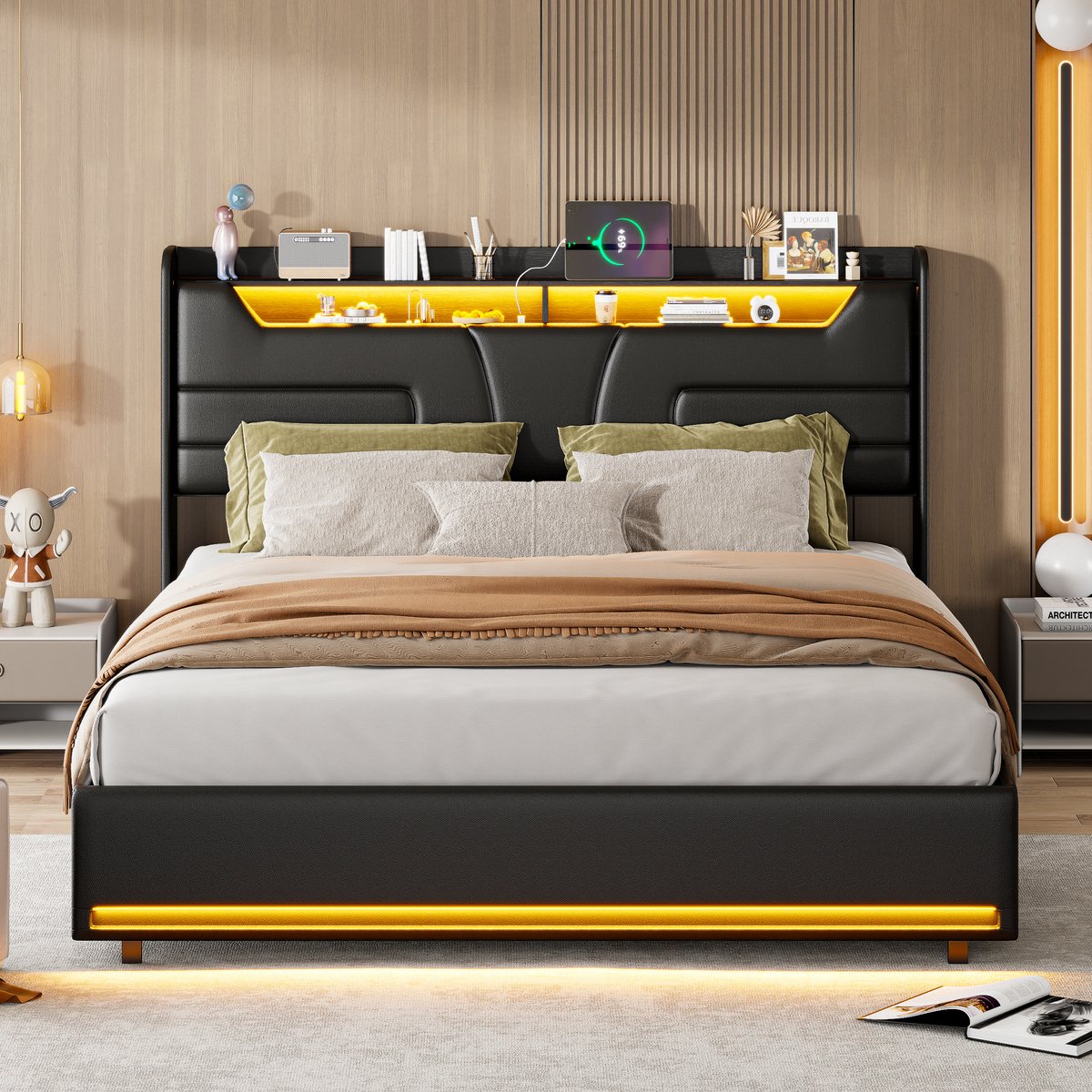 Solvenrik Opbergbed 160x200 met LED & USB – Zwart PU Bedframe met Stopcontact en Opbergruimte