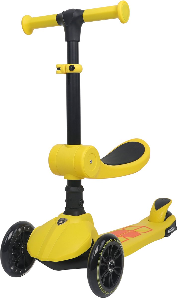 Lamborghini L5 Kinderstep 2-in-1 met Zitje – 3 Wiel Step met LED Wielen – Opvouwbare Kinderstep – Verstelbaar Stuur – Step voor Kinderen vanaf 3 Jaar – Max 50 kg – Geel