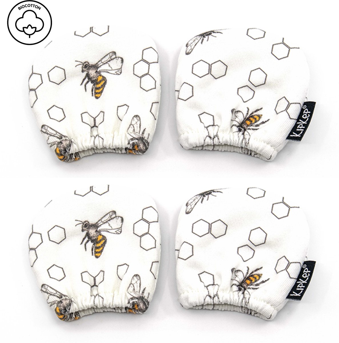 KipKep Baby wantjes (ook Antikrab) - 2 paar - Eco Bee Special - bio-katoen jersey (GOTS), wit - Voordeelpak