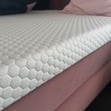 Close-up van een wit matras met honingraat stiksel op een roze bedbodem.