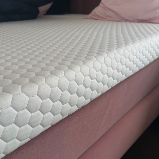 Close-up van een wit matras met honingraat stiksel op een roze bedbodem.