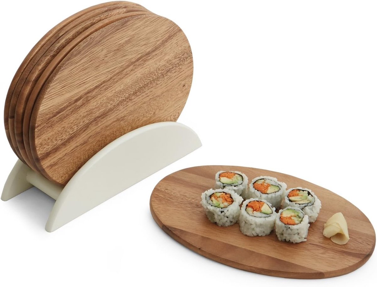 Set van 6 Acaciahouten Serveerplanken met Standaard voor Kaas, Sushi en Hapjes