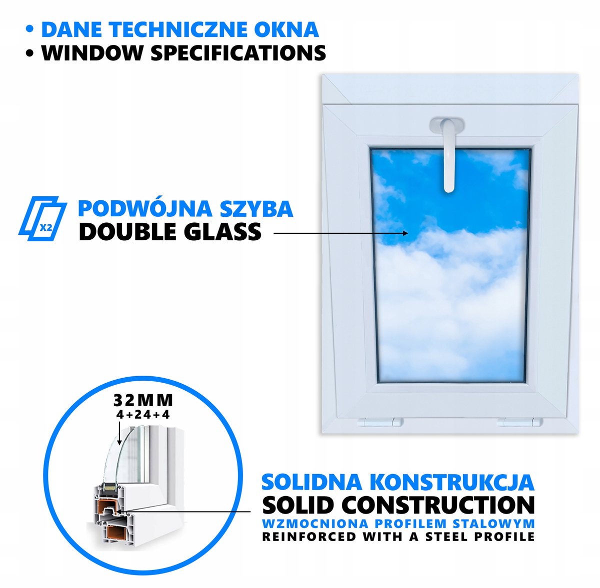Wit PVC-raam, kantelbaar, 50x70, nieuw, 500x700, kantelbaar vanaf de bovenkant, dubbel glas