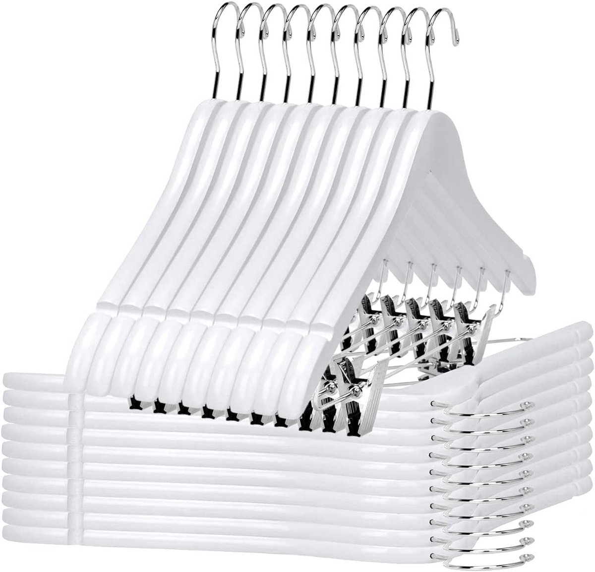 Set van 20 Houten Rok- en Broekhangers met Verstelbare Clips – Semi-Gebogen Design