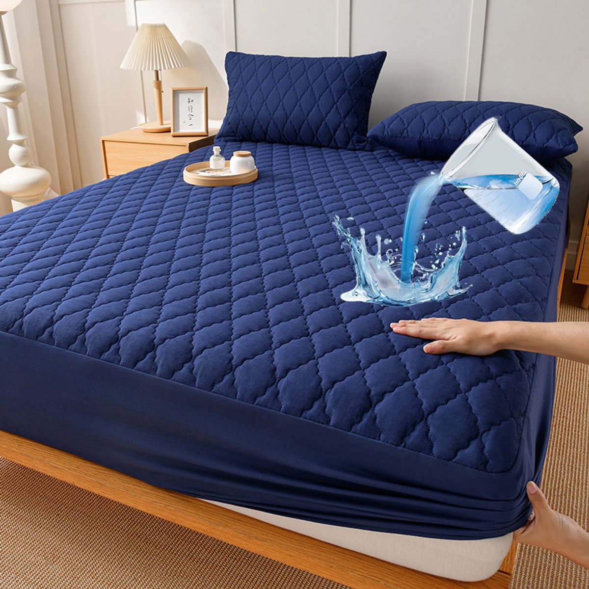Waterdichte matrashoes en kussensloopset, matrasbeschermer, waterdicht TPU-membraan, eenvoudig te installeren, ademend en elastisch, zacht en comfortabel, wasbaar,Donkerblauw,140x200cm