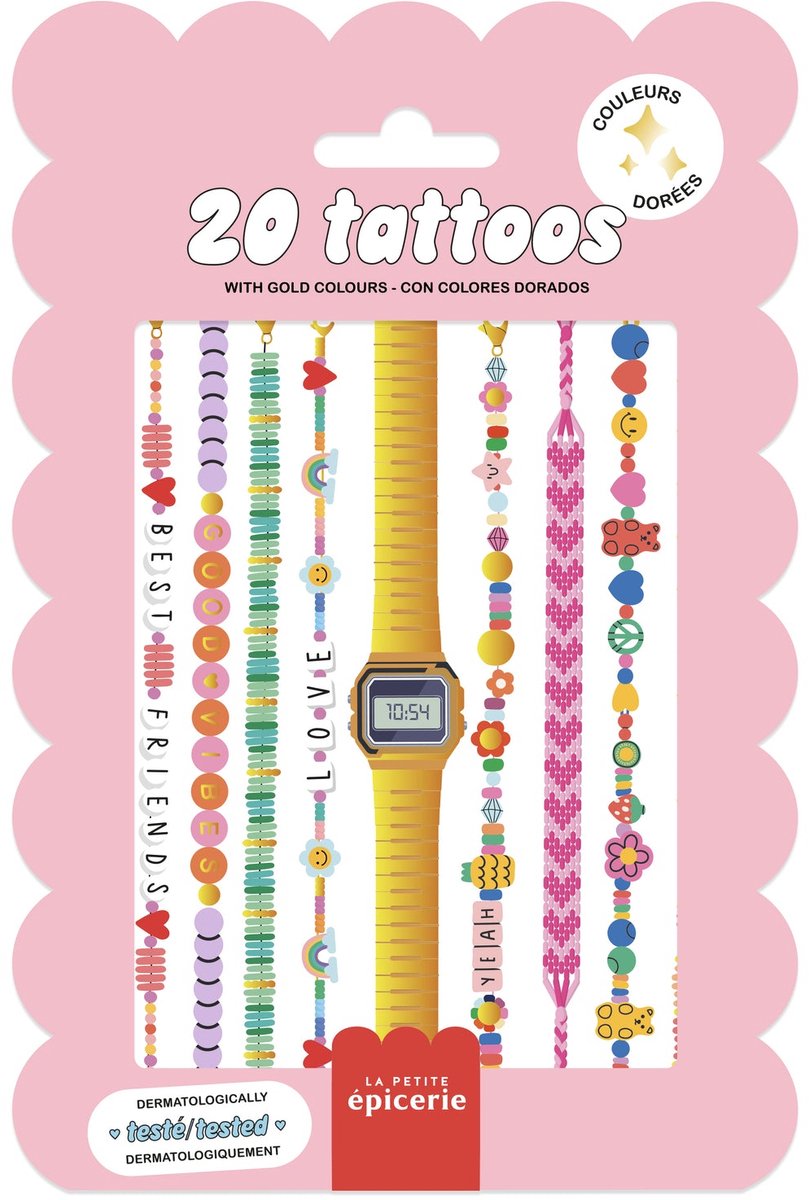 La Petite Epicerie 20 removable tattoos “Bracelet” with Gold Colours- Pak van 20 verwijderbare armband tatoeages - Eenhoorns met Roze Glitters | Temporary Face Body Glitter stickers | Nep Tatoeages | Stoere Plak Tattoos | Tijdelijke Tattoo