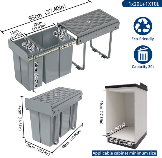 Afmetingen van de grijze uittrekbare dubbele afvalbak met een totale capaciteit van 30L.
