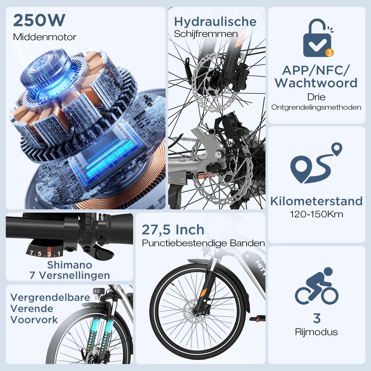Hitway Elektrische Fiets BK U1 - E-Bike met 250W Middenmotor - 27.5*2.2 Inch City Commuter EBike met Afneembare 36V 13Ah Lithium Batterij - 7 Versnellingen - IP54 Waterdicht – foto 8