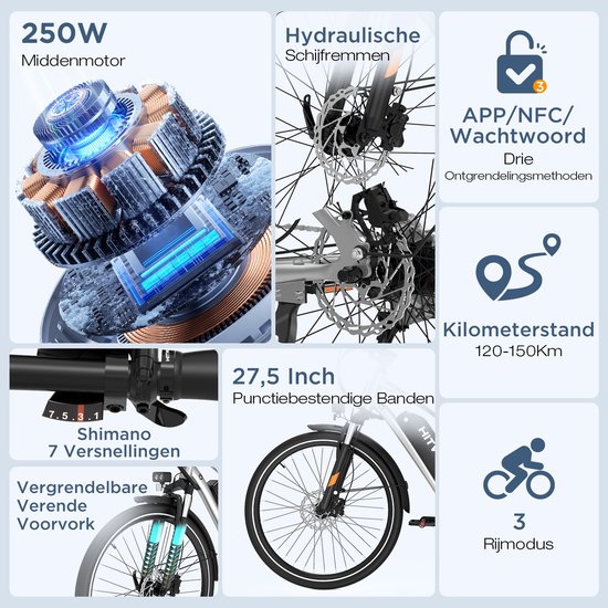 Hitway Elektrische Fiets BK U1 - E-Bike met 250W Middenmotor - 27.5*2.2 Inch City Commuter EBike met Afneembare 36V 13Ah Lithium Batterij - 7 Versnellingen - IP54 Waterdicht van Hitway — afbeelding 5