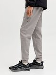 Grijze joggingbroek met ritsvak en 'JJ Athletic Dept.' opdruk, gedragen met zwarte sneakers.