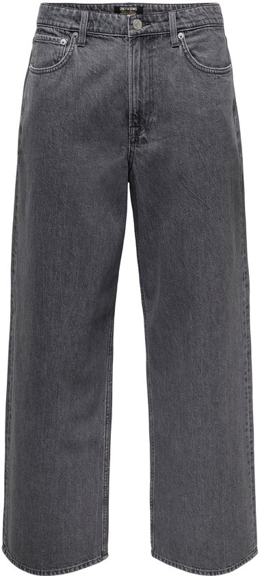 Wijde, grijze jeans met middelhoge taille, van de voorkant.