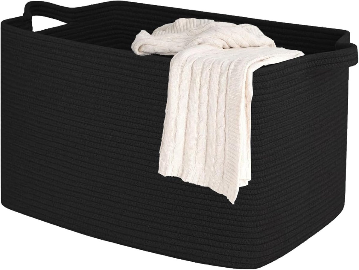 Grote Opvouwbare Opbergmand van Gevlochten Katoenen Touw met Handvatten - Zwart 60x40 cm