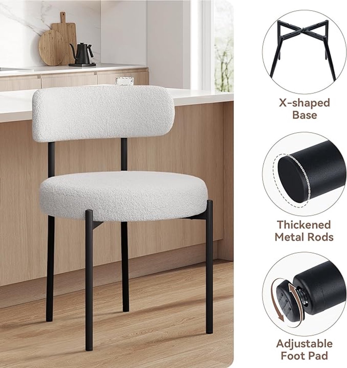 Eetkamerstoelen Set van 6 – Teddy Bouclé Stoelen 52 x 55 x 80 cm – Moderne Mid-Century Keukenstoelen met Metalen Poten – Ergonomische Gevoerde Eetkamerstoel Crèmewit – Abkantoor