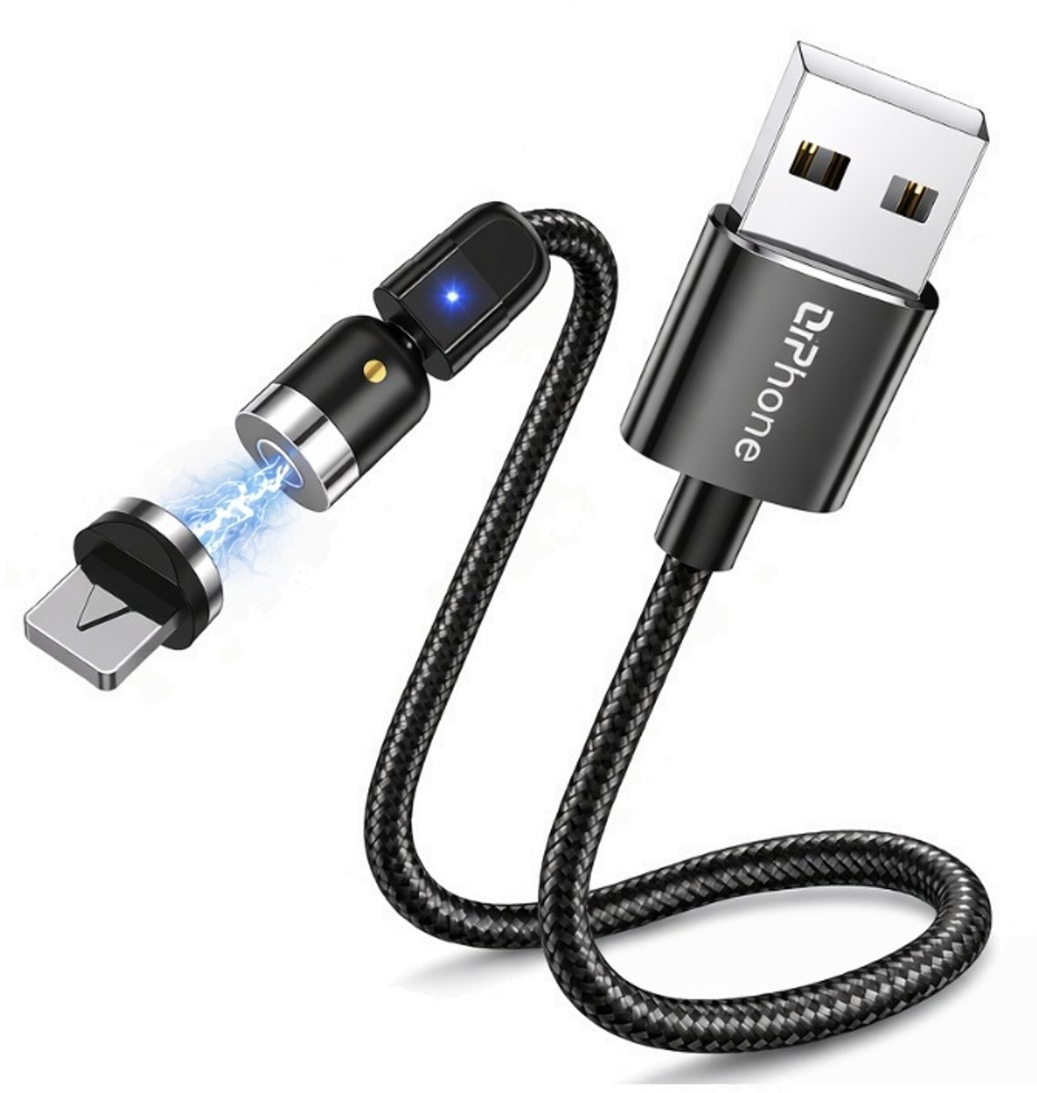 Image of DrPhone ECHO Axis Magnetische Lightning IOS Oplaadkabel – 540° Draaibaar – 2.4A – Nylon Gevlochten – L-Vorm & Recht – Geschikt voor iPad, Airpod en iPhone - Zwart