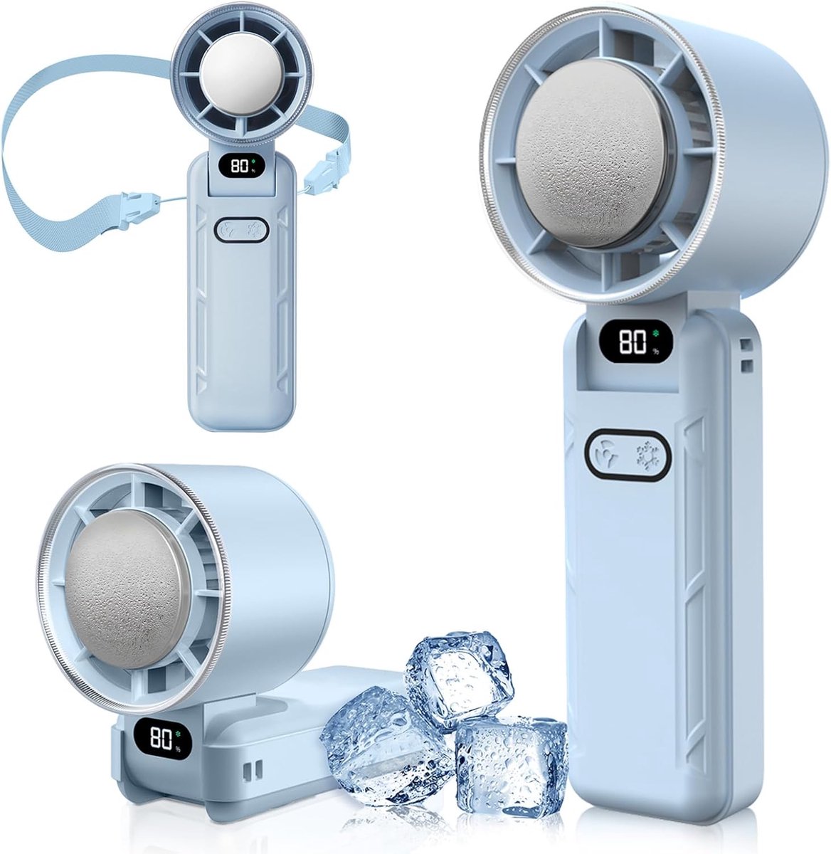 Draagbare mini-ventilator, handventilator met 5 snelheden en koelfunctie, 3600mAh batterij, USB-opladen, LED-display, geschikt voor kamperen, buitenactiviteiten, reizen en strandvakanties (blauw).