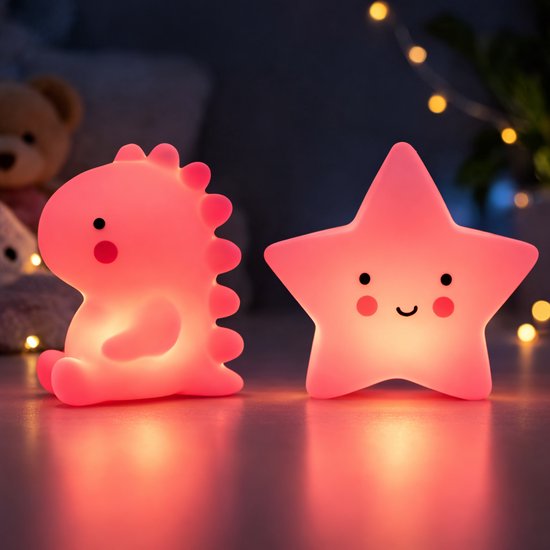 EasyMart 2-delige kindernachtlamp set - Roze Dino & Ster - LED nachtlampjes - Batterijen inbegrepen van Merkloos — afbeelding 5