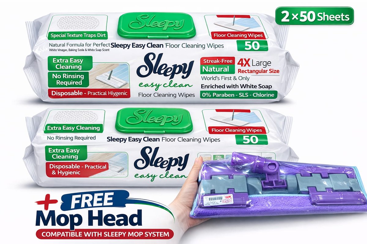 Sleepy Easy Clean Floor Cleaning Wipes 2×50 Sheets + Free Mop Head – Disposable Floor Wipes – No Rinse – Multi Surface Cleaner