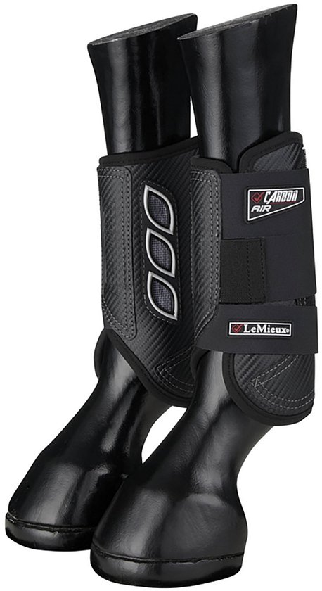 Zwarte paardenpeesbeschermers met carbon look en grijze accenten.