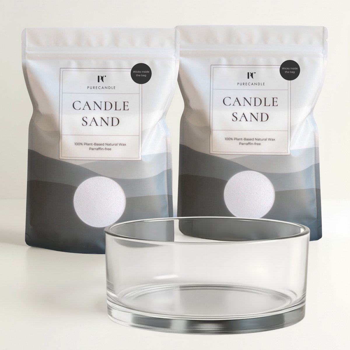 PureCandle Kaarsenzand Cadeauset – Wit Kaarsenzand 900g + 60 Lonten – Glazen Schaal Clara
