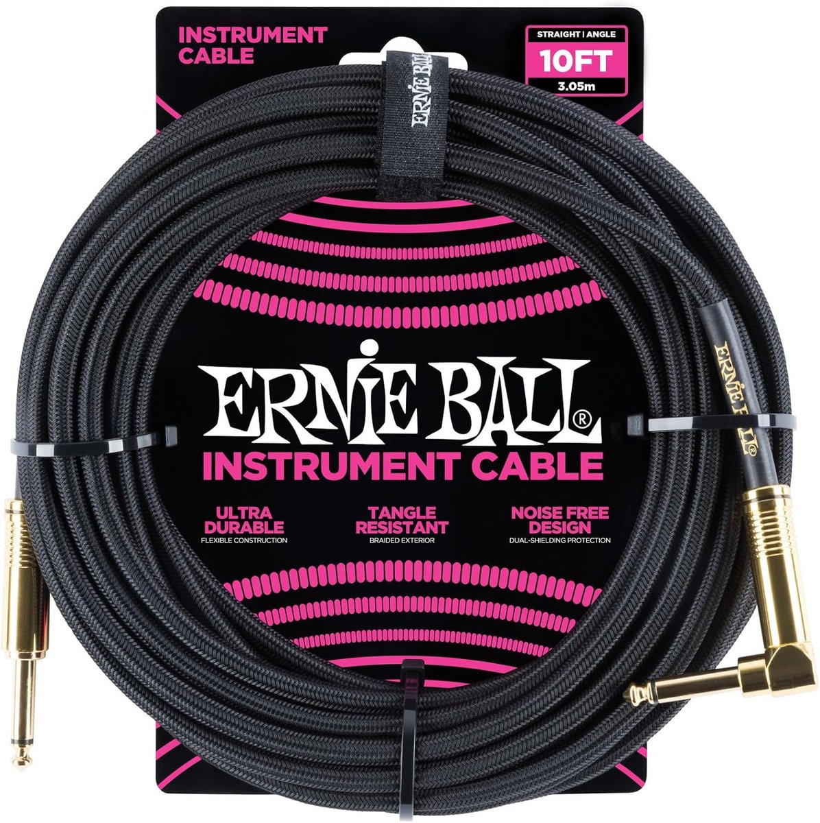 Gevlochten Instrumentenkabel Zwart 3.05 Meter - Rechte en Rechte/Gekromde Jack Pluggen