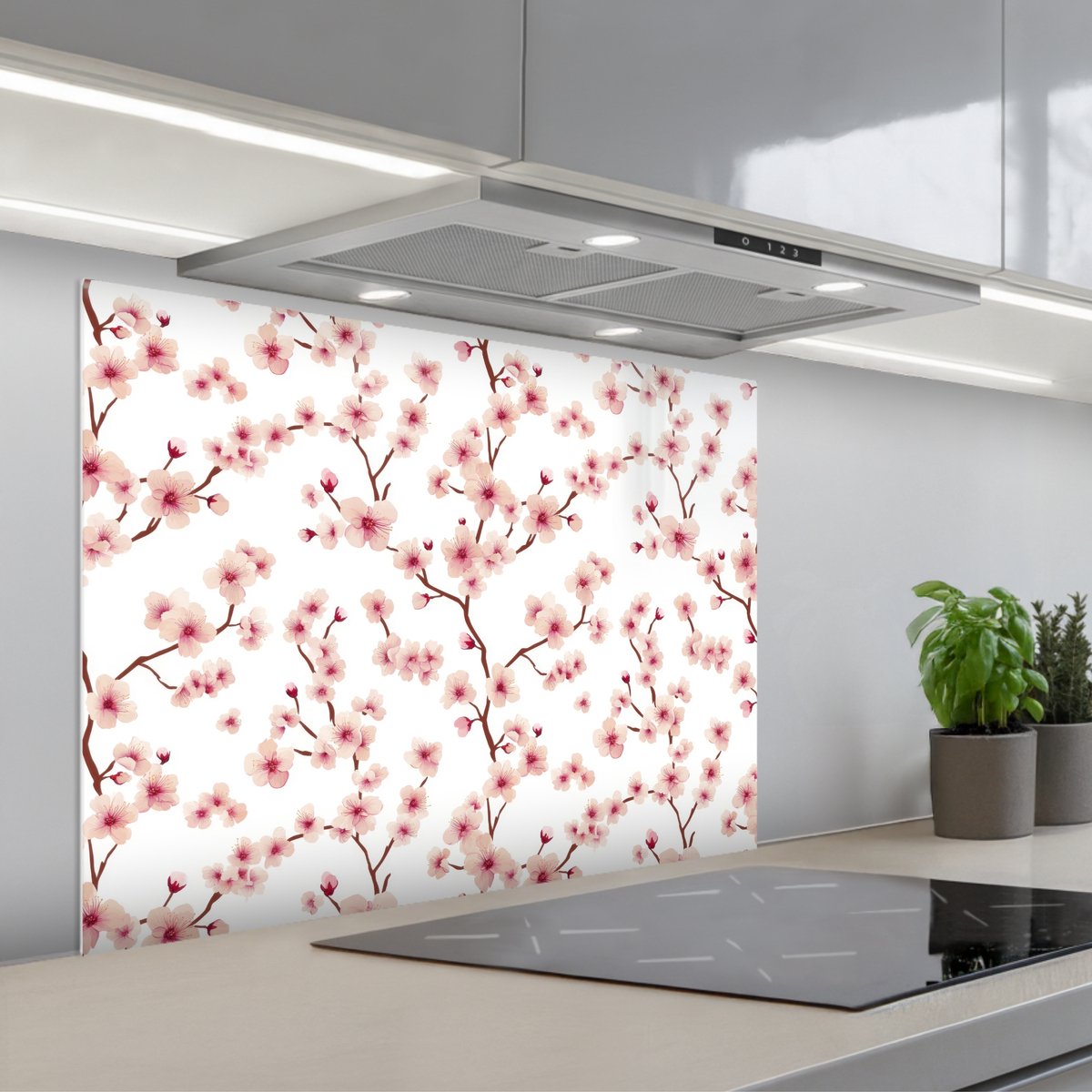 Spatscherm 90x70 cm - Zelfklevende achterwand Kersenbloesem - Takken - Roze - Keuken muurbeschermer - Spatwand fornuis