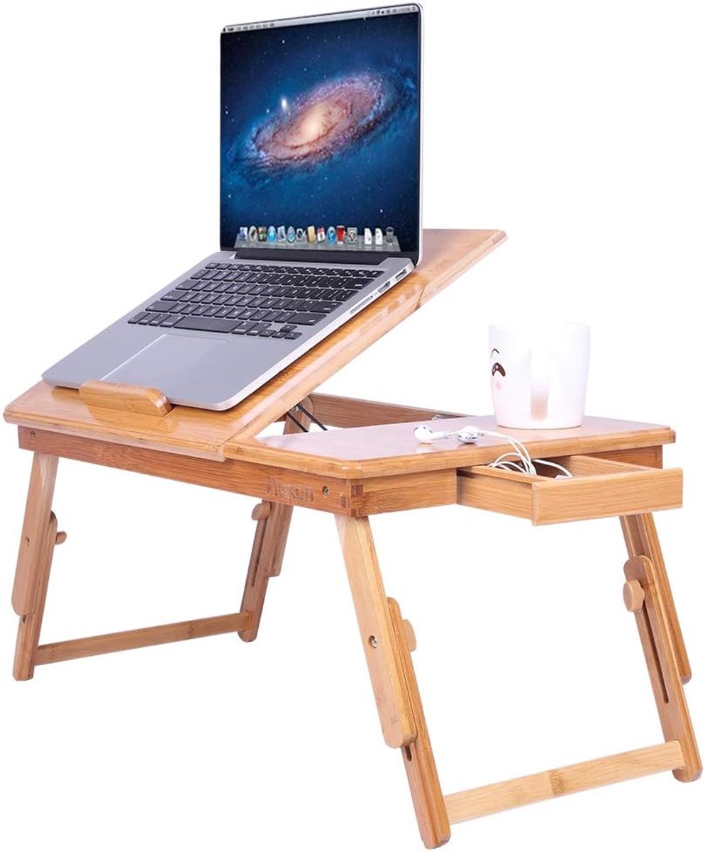 Verstelbaar Bamboe Laptoptafel met Lade en Bekerhouder - Opvouwbaar Bed Bureau