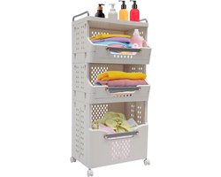 Opvouwbare Wasmand - Wasverzamelaar Sorteerder - Ruimte Besparen - Met Verplaatsbare Wielen - 3 Niveaus 88.8cm - Wit Grijs