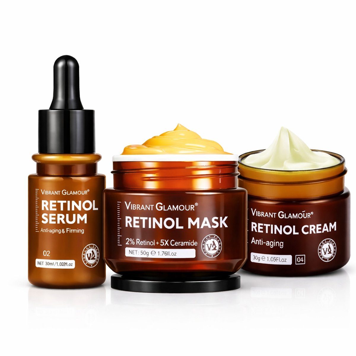 VIBRANT GLAMOUR Retinol Huidverzorgingsset – Retinol Serum, Gezichtsmasker & Dagcrème en Nachtcrème – Anti-Aging Routine met Ceramiden, Centella Asiatica & Aloë Vera