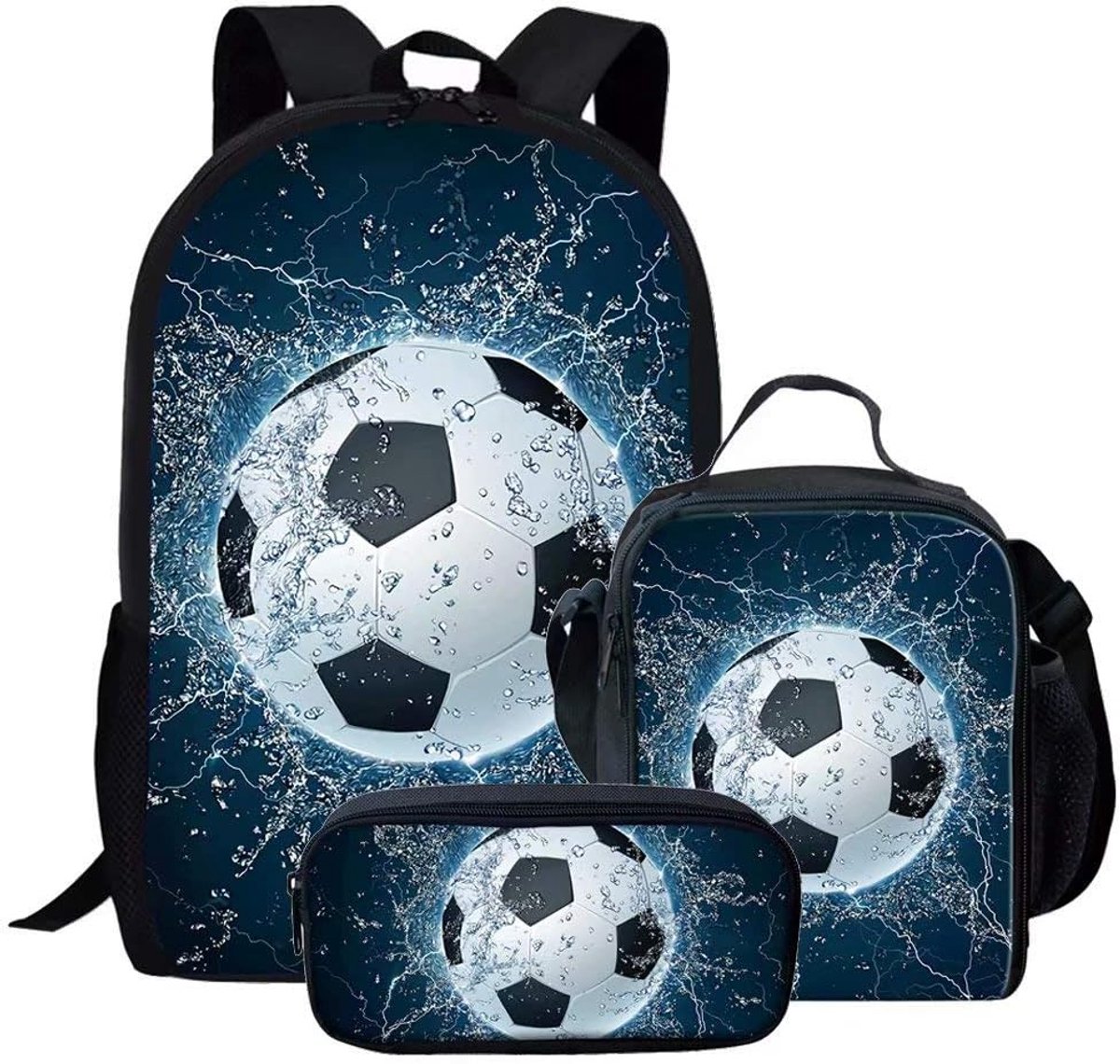 Set Schooltassen Jongen Meisje: Rugzak, Lunchtas en Pennenhouder met Voetbalprint
