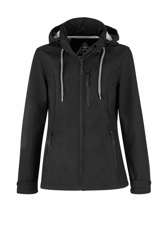 Veste softshell noire pour femme Bjørnson, avec capuche, fermeture éclair et cordons rayés.