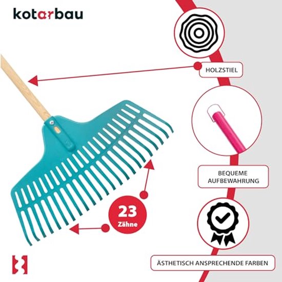 KOTARBAU® Bladhark, Tuinhark Van Kunststof, 46 cm, Turquoise, 23 Tanden, Houten Steel, Gazonhark, Stevige Hark, Lichtgewicht, Ergonomisch van Merkloos	 — afbeelding 4