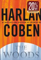 Boekomslag van 'The Woods' van Harlan Coben met een oranje en houten achtergrond. 20% korting.
