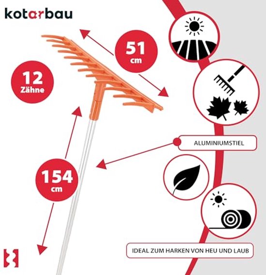 KOTARBAU® Bladhark, Tuinhark, Kunststof Bladhark, 51 cm, 12 Tanden, met Aluminium Steel, Lichtgewicht Hark, Ergonomisch Ontwerp, Bladbezem voor Tuin, Oranje & Zilwer van Merkloos	 — afbeelding 4